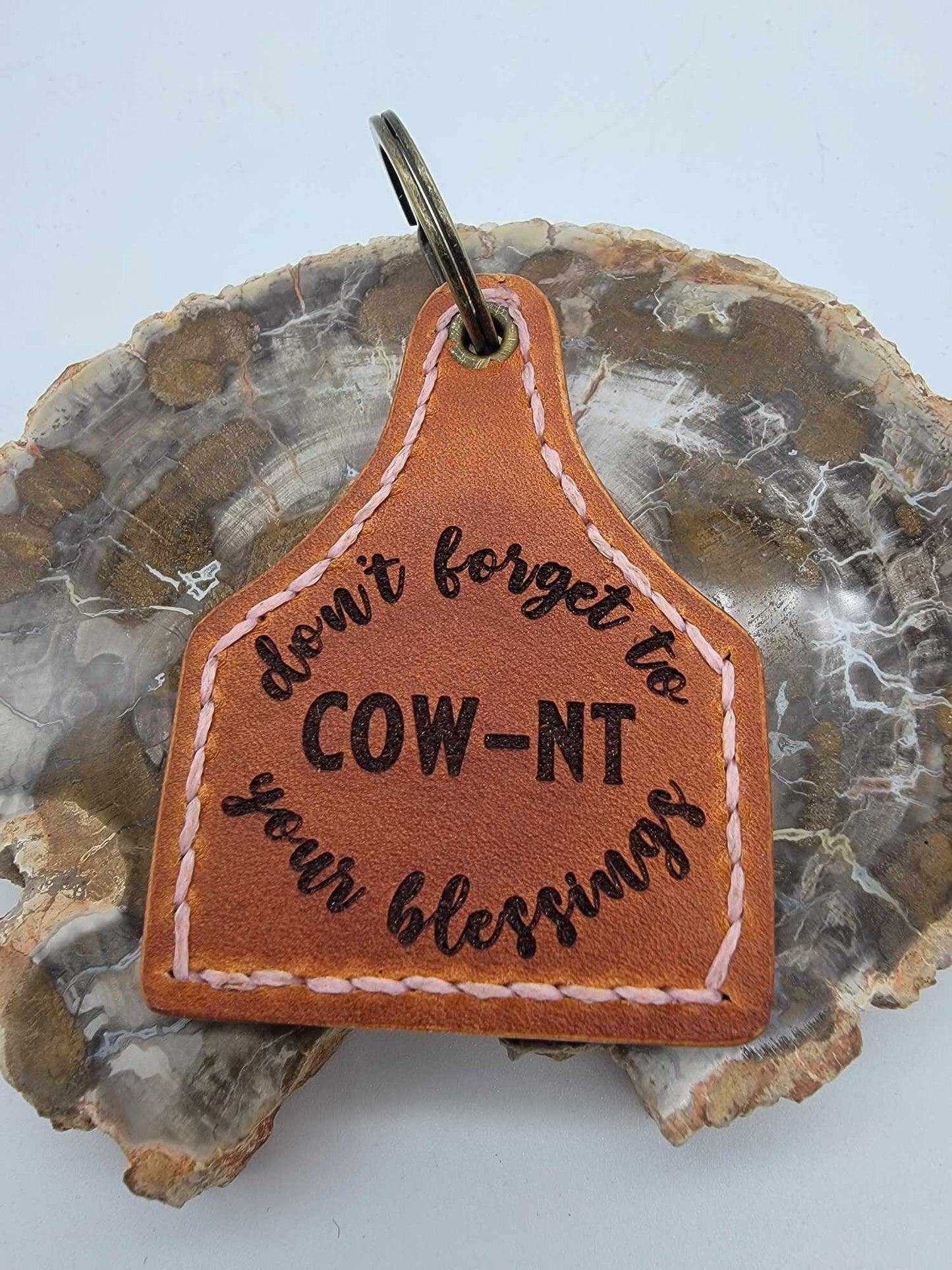 Cow Keychain, Leather, Cow-nt Your Blessings, Gift For Her