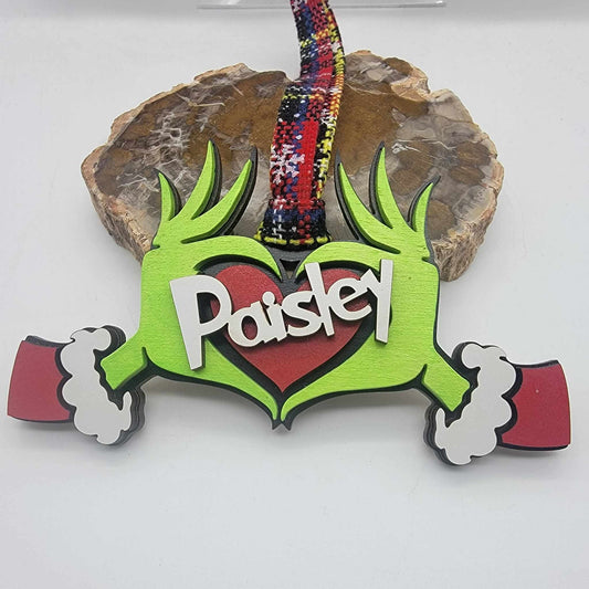 Grinch Ornament, Personalized Ornament, Grinch Hand Heart Stocking LabelHand painted and