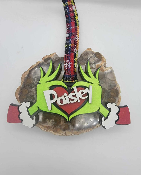 Grinch Ornament, Personalized Ornament, Grinch Hand Heart Stocking LabelHand painted and