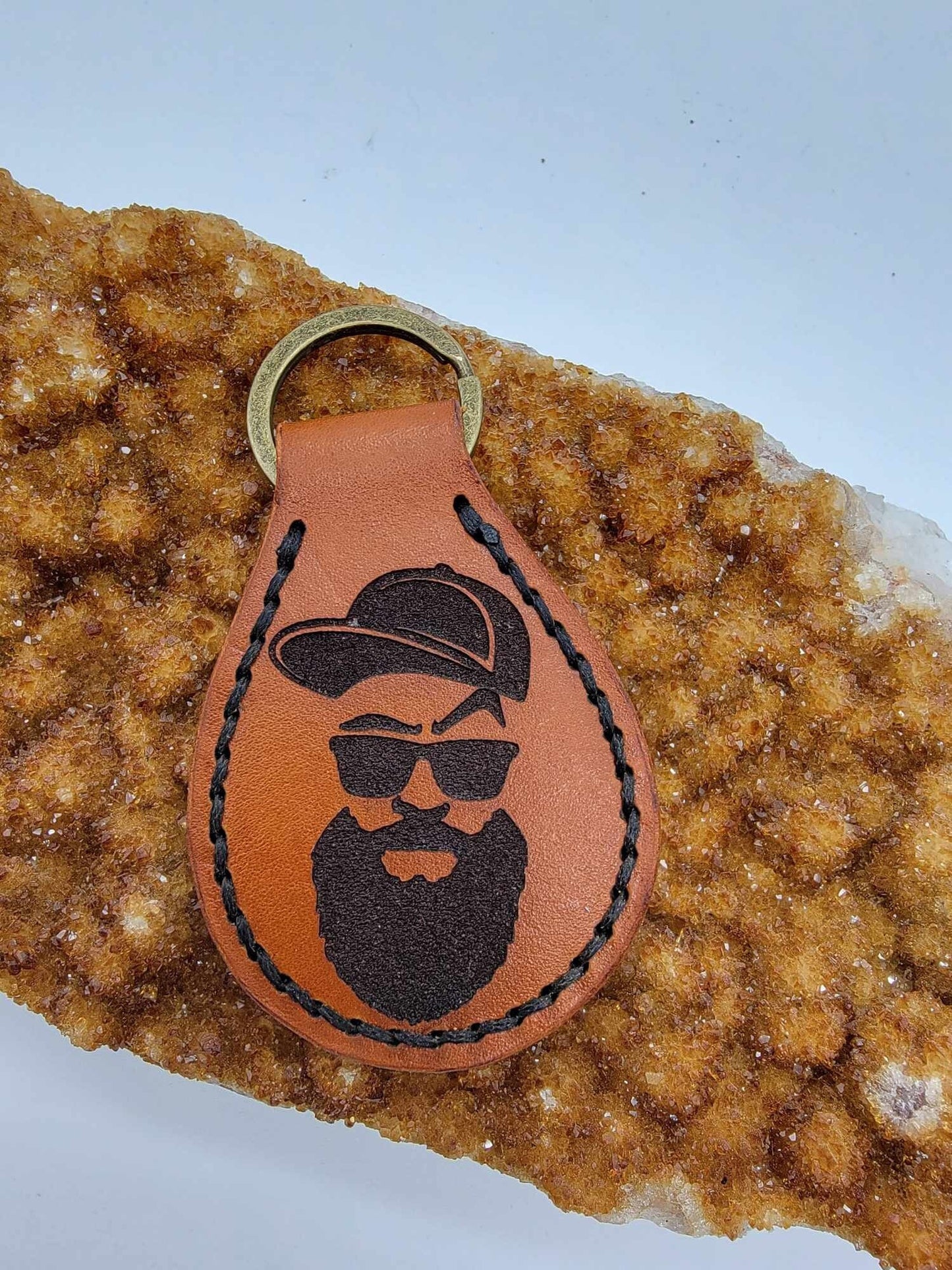 Leather Keychain, Bearded Man, ZRO FKS GVN, Custom Gift