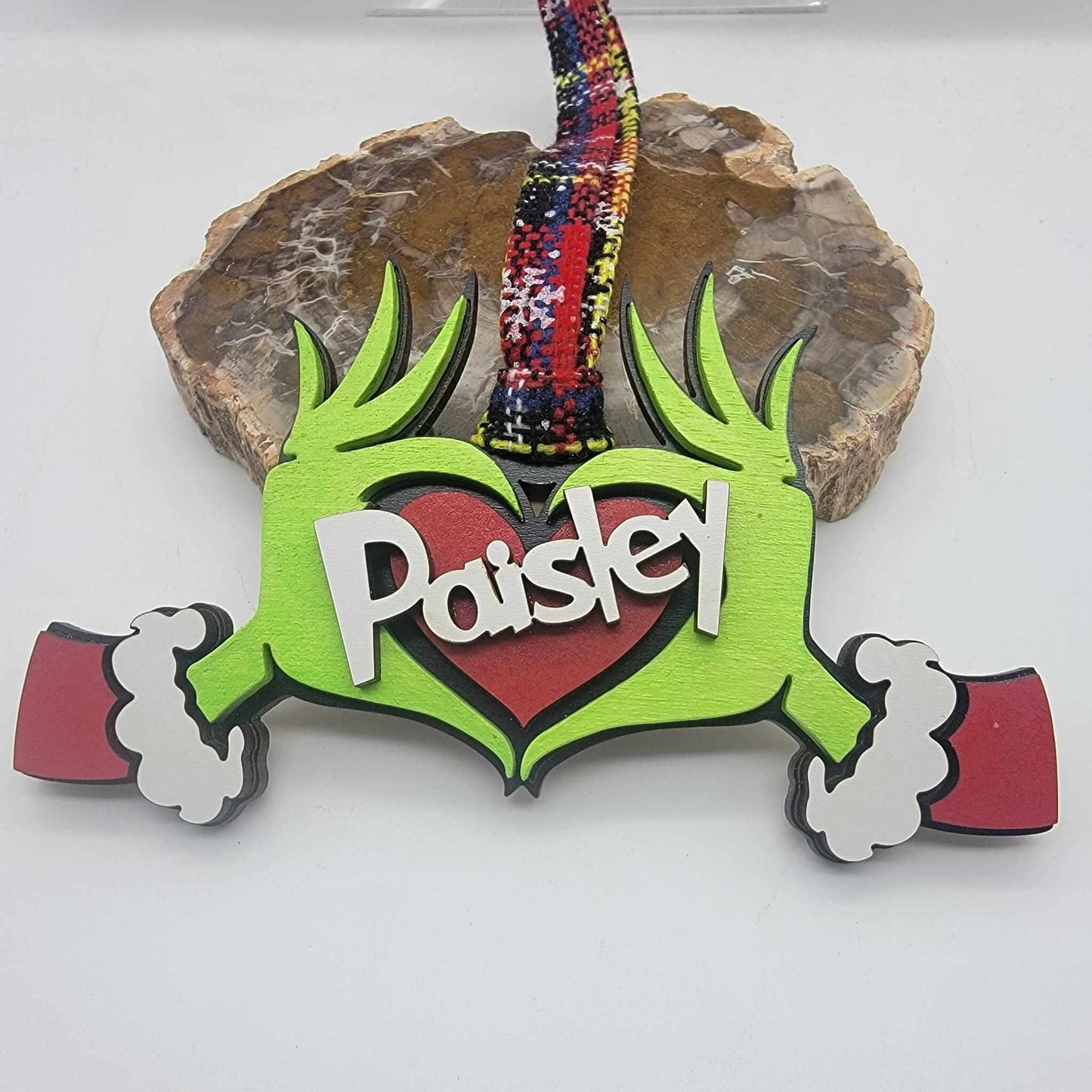 Grinch Ornament, Personalized Ornament, Grinch Hand Heart Stocking LabelHand painted and