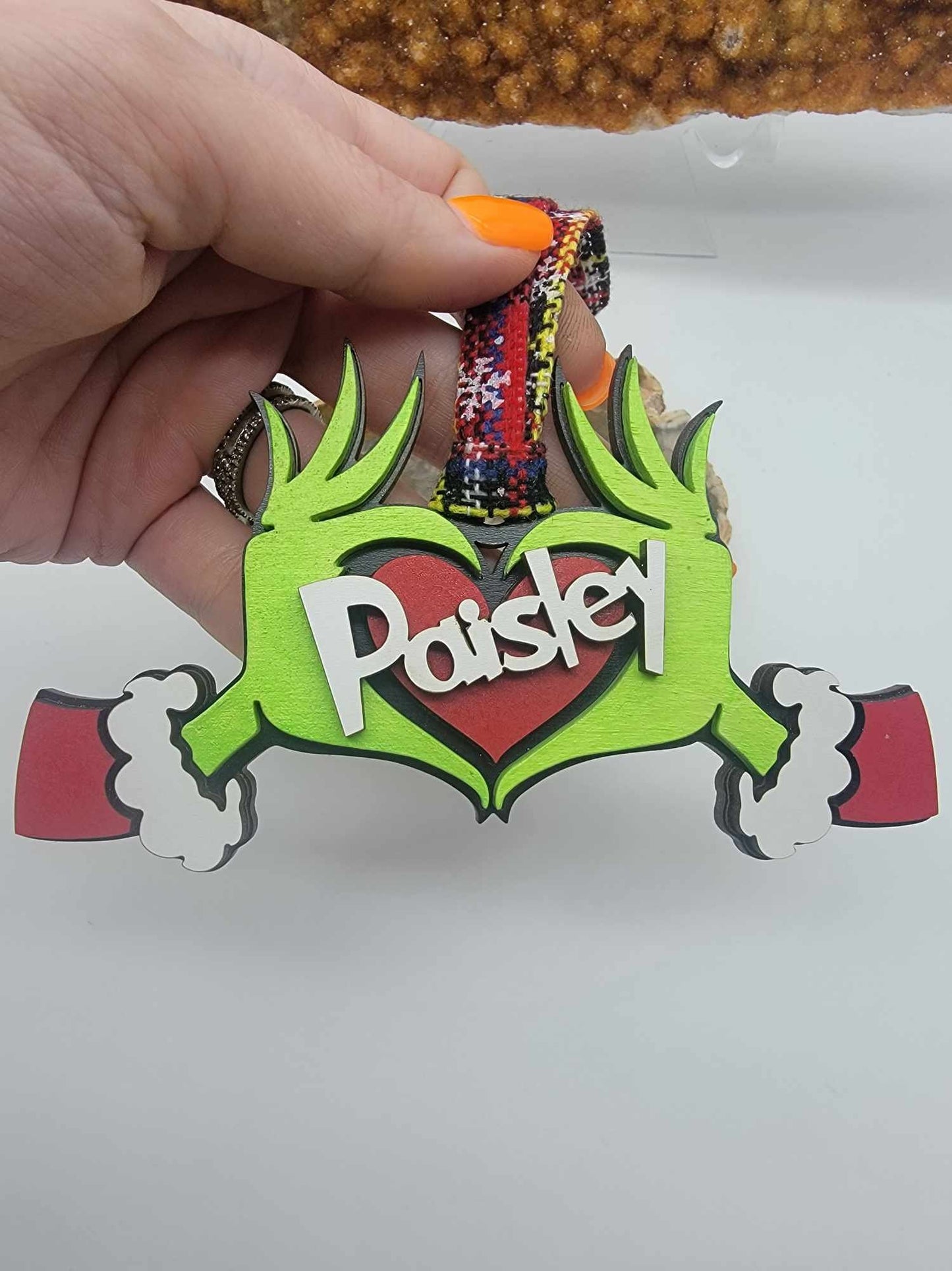 Grinch Ornament, Personalized Ornament, Grinch Hand Heart Stocking LabelHand painted and